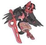  2016 black_hair clothed clothing costume equine fan_character feathered_wings feathers fully_clothed fur hair horse knife looking_at_viewer mammal marsminer melee_weapon my_little_pony pegasus pony red_eyes red_fur red_hair simple_background solo weapon white_background wings zero 