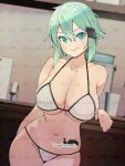  1girl alternate_breast_size artist_name bare_shoulders bikini breasts cleavage collarbone cowboy_shot green_eyes green_hair groin hair_between_eyes hair_ornament hairclip hand_up highres indoors large_breasts looking_at_viewer shiny_skin sinon smile solo swimsuit sword_art_online vogel_schwein white_bikini 