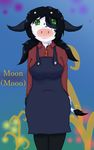  2016 anthro black_hair bovine breasts cattle clothed clothing colored cute digital_drawing_(artwork) digital_media_(artwork) female front_view fur green_eyes hair horn looking_at_viewer mammal multicolored_fur open_mouth pigtails shaded shadry-chan simple_background smile solo standing tail_tuft text toony tuft white_fur young 
