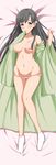  black_eyes black_hair blush braid breasts dakimakura flower full_body hair_flower hair_ornament idolmaster idolmaster_cinderella_girls japanese_clothes kimono kobayakawa_sae long_hair looking_at_viewer lying medium_breasts nipples on_back open_clothes panties panty_pull socks solo underwear undressing wonawo 