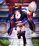  2016 absurdres architecture black_legwear catbii east_asian_architecture fan geta hair_bun hair_ornament hair_stick hat highres japanese_clothes leaf looking_at_viewer motion_lines open_mouth original outdoors purple_eyes solo stairs standing tassel tengu thighhighs torii watermark wide_sleeves 
