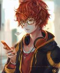  707_(susanghan_messenger) blurry breath cellphone cross cross_necklace depth_of_field deviantart_username glasses headphones headphones_around_neck hood hoodie jewelry lips looking_down male_focus messy_hair necklace orange_hair parted_lips phone phong_anh signature smartphone solo susanghan_messenger watermark yellow_eyes 