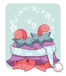  animal_focus blue_background blue_scarf border cherrim cherrim_(overcast) closed_eyes commentary_request ishi_(petite_parfait) lowres no_humans plant_monster pokemon pokemon_(creature) pom_pom_(clothes) scarf shared_clothes shared_scarf simple_background sitting white_border 