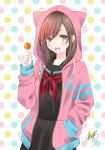  1girl animal_ears bangs black_serafuku black_skirt blush brown_eyes brown_hair candy commentary commentary_request drawstring fang food hair_between_eyes hand_in_pocket hand_up highres holding holding_food hood hoodie lollipop long_sleeves looking_at_viewer neckerchief open_clothes open_hoodie open_mouth original pink_hoodie pleated_skirt sailor_collar school_uniform serafuku sheepd shirt simple_background skirt smile solo sparkling_eyes unzipped zipper 