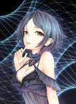  bangs bare_shoulders black_dress black_hair breasts cleavage dress finger_to_mouth hayami_kanade idolmaster idolmaster_cinderella_girls kisuiaki looking_at_viewer medium_breasts parted_bangs parted_lips short_hair smile solo yellow_eyes 