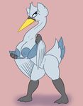  anthro areola avian barefoot beak big_breasts bird blue_eyes blue_feathers blue_fur breasts clothing erect_nipples eyelashes feathered_wings feathers female fur head_tuft huge_breasts looking_back looking_up nintendo nipples nude pok&eacute;mon posexe presenting pussy revealing_(disambiguation) simple_background solo standing swan swanna tail_feathers thick_thighs tuft video_games voluptuous wide_hips wings 