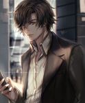  black_hair blurry brown_eyes cellphone depth_of_field deviantart_username han_jumin lips looking_at_viewer male_focus md5_mismatch parted_lips phone phong_anh resized signature smartphone solo susanghan_messenger upper_body upscaled watermark 