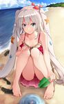  barefoot batatata77 beach blue_eyes casual_one-piece_swimsuit closed_mouth collarbone crab crab_on_head day drill_hair fate/grand_order fate_(series) feet full_body highres long_hair looking_at_viewer marie_antoinette_(fate/grand_order) marie_antoinette_(swimsuit_caster)_(fate) one-piece_swimsuit sand shovel silver_hair smile solo starfish swimsuit twin_drills 