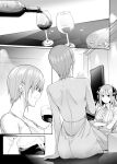  2girls alcohol ass backless_dress backless_outfit breasts butterfly_hair_ornament chicke_iii collared_shirt commentary crossed_arms cup dress dress_shirt evening_gown go-toubun_no_hanayome greyscale hair_ornament highres holding holding_cup indoors large_breasts medium_hair monochrome multiple_girls nakano_ichika nakano_nino shirt short_hair shoulder_blades siblings sisters sleeveless sleeveless_dress symbol-only_commentary twins two_side_up 