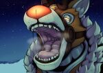 ambiguous_gender bodily_fluids breath deer glowing glowing_eyes glowing_nose gravitysinning hi_res living_machine machine mammal mouth_shot new_world_deer night open_mouth oral_vore orisa_(overwatch) outside reindeer reindeer_orisa_(overwatch) saliva saliva_string sky snow solo star starry_sky teeth throat vore winter