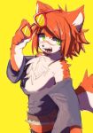  2018 5_fingers anthro black_bra booty_shorts brown_shorts canine chest_tuft eyewear fangs female fox fur glasses gray_sweater green_eyes hanadaiteol looking_at_viewer mammal nipple_bulge orange_fur smile tongue tuft white_fur 