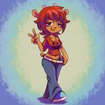  anthro breasts caprine cleavage clothed clothing eyelashes female hair horn lammy_lamb mammal open_mouth parappa_the_rapper plagueofgripes red_hair sheep smile solo um_jammer_lammy v_sign video_games 