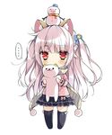  1girl :3 alternate_eye_color animal animal_ears animal_print bad_id bad_pixiv_id bangs black_legwear black_skirt blue_bow blunt_bangs bow cat cat_ears cat_hair_ornament cat_print chibi covered_mouth eyebrows eyebrows_visible_through_hair frilled_skirt frills full_body fur_trim hair_bow hair_ornament holding holding_animal long_hair long_sleeves miniskirt neko_atsume no_feet no_shoes object_on_head personification pikomint pink_hair pom_pom_(clothes) red_eyes scarf silver_hair simple_background skirt smile snowman solo spoken_ellipsis standing striped striped_scarf thighhighs two_side_up very_long_hair white_background winter_clothes yellow_scarf yukineko-san zettai_ryouiki 