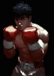  abs asian black_eyes black_hair blurry boxing_gloves boxing_shorts cowboy_shot fighting_stance gerald_parel hajime_no_ippo highres light makunouchi_ippo male_focus muscle realistic shirtless shorts solo 