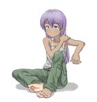  bad_id bad_pixiv_id baggy_pants barefoot blue_eyes blush cargo_pants casual feet full_body highres long_hair original pants purple_hair sketch sleeveless soles solo souji_kurokawa tan tank_top tanline toes 