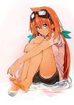  amano_tora barefoot blush breasts feet goggles goggles_on_head highres kazenoko long_hair looking_at_viewer medium_breasts nail_polish orange_hair original partially_submerged see-through shorts solo tan tanline toenail_polish water wet wet_clothes 