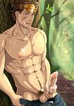 1boy abs against_tree cum cum_on_body male_focus masturbation muscle outdoors pecs scar solo topless tree 