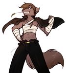  abs ambiguous_gender anthro bandage brown_eyes brown_fur canine chest_wraps clothed clothing delinquent ear_piercing ears_back fur grin hair jewelry keidran mammal midriff natani piercing simple_background smile solo tom_fischbach twokinds white_background wolf wraps 