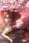  2016 argyle_cutout artist_name bangs bare_arms bare_legs blackrabbitsoul blurry bow character_name cherry_blossoms china_dress chinese_clothes dated day depth_of_field dress english eyelashes flower hair_bow happy_birthday high_heels highres holding holding_umbrella kaname_madoka long_hair looking_at_viewer looking_away looking_to_the_side mahou_shoujo_madoka_magica nail_polish oriental_umbrella own_hands_together parted_lips petals pink pink_flower pink_hair pink_lips pink_nails shade shoes short_sleeves sitting sky tree two_side_up ultimate_madoka umbrella very_long_hair white_bow white_dress white_footwear yellow_eyes 