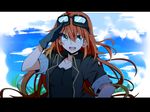  :d amano_tora blue_eyes blush gloves goggles goggles_on_head hair_between_eyes highres kazenoko letterboxed long_hair open_mouth orange_hair original salute sky smile solo very_long_hair 