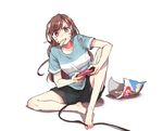  bangs barefoot black_shorts brown_eyes brown_hair chips controller d.va_(overwatch) eyebrows eyebrows_visible_through_hair facepaint facial_mark food foot_hold full_body game_controller gamepad headphones il_(ieru1826) knee_up long_hair mouth_hold overwatch playing_games shirt short_sleeves shorts simple_background sitting solo whisker_markings white_background 