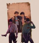  2boys absurdres age_comparison arm_on_another's_shoulder axe badge beanie black_eyes black_hair black_jacket blood blood_on_clothes blood_on_photo blue_hat blue_jacket blue_pants blue_shirt brown_background brown_hair button_badge cape closed_eyes collared_shirt commentary dream_smp english_commentary eyewear_on_head frown georgenotfound green_cape grey_eyes hand_up hat hat_ornament highres holding holding_axe holding_photo hug jacket long_sleeves looking_down male_focus minecraft_youtube multiple_boys mushroom necktie pants photo_(object) poker_chip quackity red_necktie scar scar_across_eye scar_on_face shirt short_hair smile sunglasses suspenders sword undone_necktie weapon white-framed_eyewear white_shirt zhesha_gh 