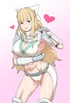  abs armor armpits bad_id bad_pixiv_id bangs bikini_armor blonde_hair blue_eyes blunt_bangs blush bow breasts charlotte_(fire_emblem_if) cleavage fire_emblem fire_emblem_if heart highres kishio_(agedama) large_breasts lips long_hair muscle muscular_female navel pink_background smile solo thighs vambraces white_bow 