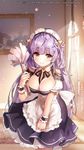  apron artist_name bare_shoulders blush breasts brown_eyes cleavage curtains duster gio_(maroon0924) large_breasts long_hair looking_at_viewer maid maid_headdress original purple_hair smile solo waist_apron watermark window wrist_cuffs 