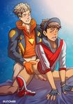  2boys anal ass blonde_hair bottomless brown_hair erection gloves hat male_protagonist_(pokemon_go) multiple_boys penis pokemon pokemon_(game) pokemon_go sex spark_(pokemon) suiton testicles wince yaoi 