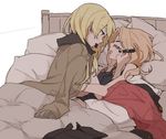  blonde_hair bomber_jacket darjeeling drooling face_painting girls_und_panzer jacket jacket_on_shoulders jacket_removed kay_(girls_und_panzer) marker military military_uniform mouth_hold multiple_girls pillow ree_(re-19) saliva saunders_military_uniform skirt skirt_removed sleeping st._gloriana's_military_uniform tank_top under_covers uniform white_background yuri 