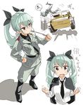  anchovy anzio_military_uniform anzio_school_uniform bangs belt black_footwear black_shirt boots cape carro_veloce_cv-33 dress_shirt drill_hair full_body fume girls_und_panzer green_hair grey_jacket grey_pants ground_vehicle hair_ribbon hand_on_hip highres holding jacket knee_boots long_hair long_sleeves looking_at_viewer military military_uniform military_vehicle motor_vehicle muchi_maro multiple_views necktie pants red_eyes ribbon riding_crop school_uniform shirt shoulder_belt simple_background sketch standing sweatdrop tank translated trembling twin_drills twintails uniform upper_body wavy_mouth white_background white_shirt 