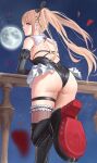  1girl absurdres against_railing ass balcony bare_shoulders black_leotard blonde_hair blue_eyes blush boots breasts commentary_request dead_or_alive dead_or_alive_5 dead_or_alive_xtreme floral_print frills from_behind full_body garter_straps hair_ornament hair_ribbon high_heel_boots high_heels highleg highleg_leotard highres hoki1314 leg_up leotard long_hair looking_at_viewer looking_back marie_rose moon night night_sky o-ring parted_lips petals puffy_sleeves railing ribbon rose_print sky small_breasts solo star_(sky) starry_sky thighs twintails x_hair_ornament 