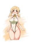  adapted_costume bad_id bad_twitter_id blonde_hair blush breasts covered_navel drill_hair eyebrows eyebrows_visible_through_hair hair_ornament large_breasts leotard looking_to_the_side mahou_shoujo_madoka_magica mizushima_(p201112) open_mouth short_hair solo tomoe_mami twin_drills yellow_eyes 