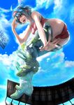  ahoge ass bad_id bad_pixiv_id blue_hair blue_sky breasts cloud day fusante hairband highres medium_breasts open_mouth original short_hair sky solo track_and_field track_uniform yellow_eyes 