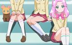  asahina_mirai bag blush bow bowtie green_eyes hairband hanami_kotoha haruyama_kazunori izayoi_liko looking_at_viewer mahou_girls_precure! mofurun_(mahou_girls_precure!) multiple_girls panties pink_bow pink_hair precure school_uniform sitting skirt smile socks star star_in_eye striped striped_panties symbol_in_eye tsunagi_first_middle_school_uniform underwear 