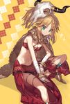  animal_skull aqua_eyes bad_id bad_pixiv_id bandaged_arm bandages blonde_hair bracelet breasts chocoan cleavage fate/apocrypha fate/grand_order fate_(series) highres jewelry long_hair looking_at_viewer medium_breasts midriff mordred_(fate) mordred_(fate)_(all) navel ponytail sitting smile solo true_samadhi_fire 