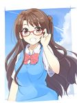  blush bow brown_eyes brown_hair cloud day glasses grin highres idolmaster idolmaster_cinderella_girls kazenoko long_hair looking_at_viewer one_side_up shimamura_uzuki sky smile solo sweater_vest uniform 