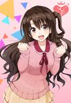  :d blush breasts brown_eyes brown_hair clenched_hands highres idolmaster idolmaster_cinderella_girls kazenoko long_hair looking_at_viewer medium_breasts one_side_up open_mouth ribbed_sweater shimamura_uzuki skirt smile solo sweater 