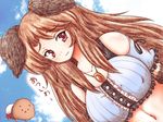  animal_ears bare_shoulders blue_sky breasts brooch brown_hair cloud cloudy_sky day dutch_angle fur imaizumi_kagerou jewelry large_breasts long_hair looking_at_viewer navel necklace red_eyes sky smile sweat touhou upper_body wavy_mouth wolf_ears ziogon 