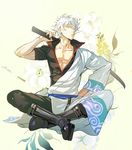  boots flower full_body gintama hadanugi_dousa hand_on_hip indian_style japanese_clothes kimono long_sleeves looking_at_viewer male_focus off_shoulder pectorals red_eyes sakata_gintoki short_sleeves sitting solo sword sword_behind_back weapon white_hair wooden_sword yellow_background yonsang21 