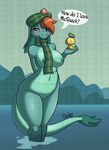  2016 absurd_res anthro areola blush breasts dialogue disney drako1997 english_text eyelashes female hair hand_behind_back hat hi_res holding_object loch_ness_monster marine navel nessie nipples partially_submerged pussy rubber_duck scalie scarf solo standing text the_ballad_of_nessie translucent_hair water 