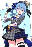  1girl :d absurdres ascot back_bow bead_bracelet beads belt beret black_gloves blue_ascot blue_belt blue_bow blue_choker blue_eyes blue_hair blue_nails bow bracelet breasts choker collared_shirt cowboy_shot crown dot_nose gesture_request gloves grey_jacket grey_skirt hair_between_eyes hair_bow hair_over_shoulder hand_up hat highres hololive hoshimachi_suisei hoshimachi_suisei_(1st_costume) hutaba_haru jacket jewelry light_blush long_sleeves looking_at_viewer medium_hair miniskirt open_mouth partially_fingerless_gloves plaid_clothes plaid_hat plaid_jacket plaid_skirt shirt side_ponytail skirt skirt_set small_breasts smile solo star_(symbol) star_choker striped_bow virtual_youtuber white_shirt wispy_bangs 