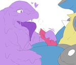  ambiguous_gender duo goo lucario lying male male/ambiguous muk nintendo pok&eacute;mon simple_background sitting tongue tongue_out video_games wipeout888_(artist) 