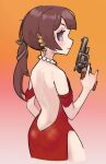  1girl anya_melfissa ass back backless_dress backless_outfit bare_back bare_shoulders blush brown_hair butt_crack closed_mouth cosplay cropped_legs cupcake_(liar's_bar) cupcake_(liar's_bar)_(cosplay) dme1 dress earrings eyeshadow flat_chest from_behind gradient_background gun hair_ribbon handgun highres holding holding_gun holding_weapon hololive hololive_indonesia jewelry jitome liar's_bar long_hair makeup necklace orange_background pearl_necklace pink_eyeshadow ponytail profile purple_eyes red_dress revolver ribbon shoulder_blades sidelocks simple_background smile solo virtual_youtuber weapon 