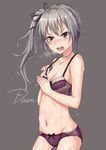  adjusting_bra adjusting_clothes angry blush bow bow_bra bow_panties bra breasts brown_eyes collarbone dawn_(664387320) frilled_bra frills highres kantai_collection kasumi_(kantai_collection) lace lace-trimmed_bra lace-trimmed_panties lingerie long_hair navel open_mouth panties purple_bra purple_panties remodel_(kantai_collection) side_ponytail signature silver_hair small_breasts solo underwear underwear_only wet 