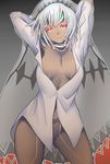 altera_(fate) alternate_costume arms_behind_head arms_up blouse closed_mouth commentary_request dateya_torahachi fate/grand_order fate_(series) hair_between_eyes headwear highres looking_at_viewer naked_shirt no_bra no_panties red_eyes shirt simple_background solo thighhighs veil white_blouse white_hair 