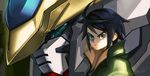  ahoge black_hair blue_eyes green_eyes gundam gundam_barbatos gundam_tekketsu_no_orphans jacket longjunt mecha mikazuki_augus partially_blind short_hair signature 