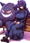  @_@ ahoge alternate_breast_size bags_under_eyes bench blush breasts dress frown gen_1_pokemon gengar ghost grin hairband hands_on_lap hex_maniac_(pokemon) highres huge_breasts long_hair messy_hair pantyhose pokemon pokemon_(creature) pokemon_(game) pokemon_xy purple_eyes purple_hair purple_hairband red_eyes sitting smile sweater tokyo_(great_akuta) translucent transparent wavy_mouth white_legwear 