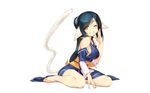  ;) amazuyu_tatsuki animal_ears aquaplus bangs bare_shoulders barefoot blue_hair breasts detached_sleeves full_body grin highres japanese_clothes kuon_(utawareru_mono) large_breasts long_hair obi official_art one_eye_closed ponytail sash sideboob simple_background sitting smile solo swept_bangs tail tile_floor tiles utawareru_mono utawareru_mono:_futari_no_hakuoro wallpaper wariza white_background yellow_eyes 