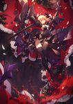  arms_up artoria_pendragon_(all) atdan black_dress black_flower black_legwear black_rose blonde_hair blood breasts choker cleavage dark_excalibur dress fate/grand_order fate/stay_night fate_(series) flower highres looking_at_viewer md5_mismatch medium_breasts puffy_sleeves rose saber_alter skirt sleeveless sleeveless_dress smile solo sword thighhighs weapon wide_sleeves yellow_eyes 